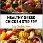 Colorful Greek chicken and vegetable stir fry in a skillet, showcasing a healthy Mediterranean dinner.